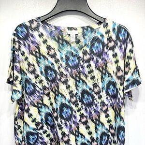 Chico’s Blurred Ikat Print with Rhinestones V Neck Top Tied Knot Hem Size 2/L